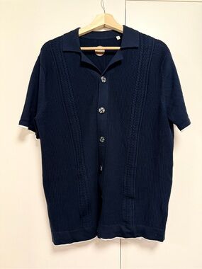 Navy Knit Short-Sleeve Button Shirt